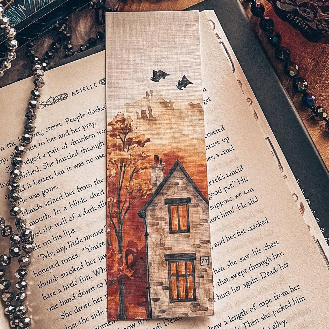 Halloween Eve Bat Bookmark - Fall Watercolor Landscape - Cardstock
