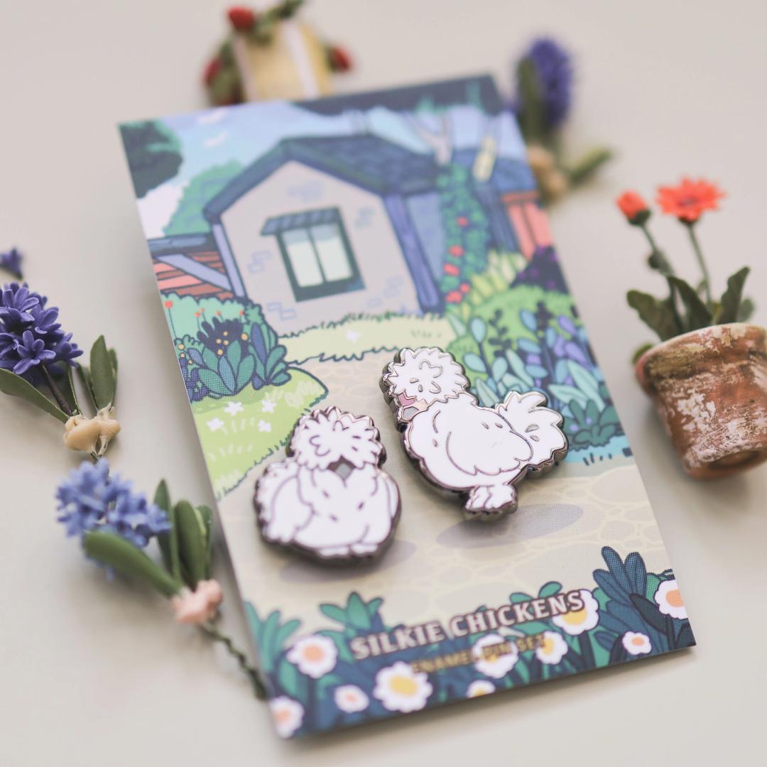Silkie Chickens Enamel Pin Set - Set of 2 Farm Animals