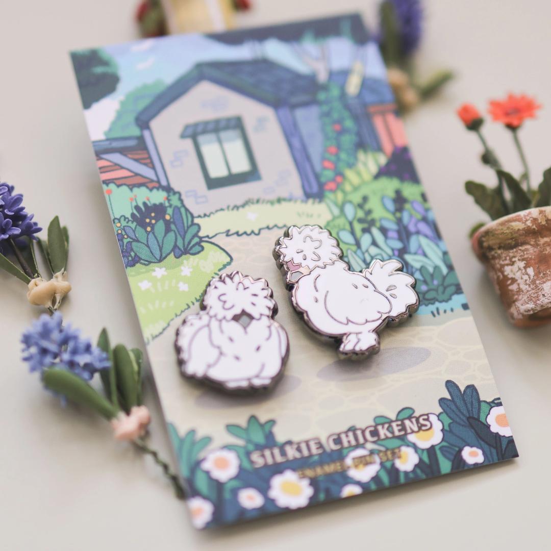 Silkie Chickens Enamel Pin Set - Set of 2 Farm Animals