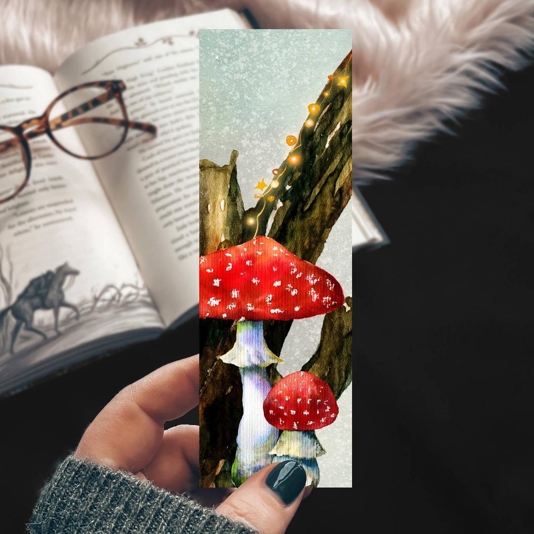 Mushrooms and Fairy Lights Watercolor Bookmark - Nature & Cottage Core - Cardstock