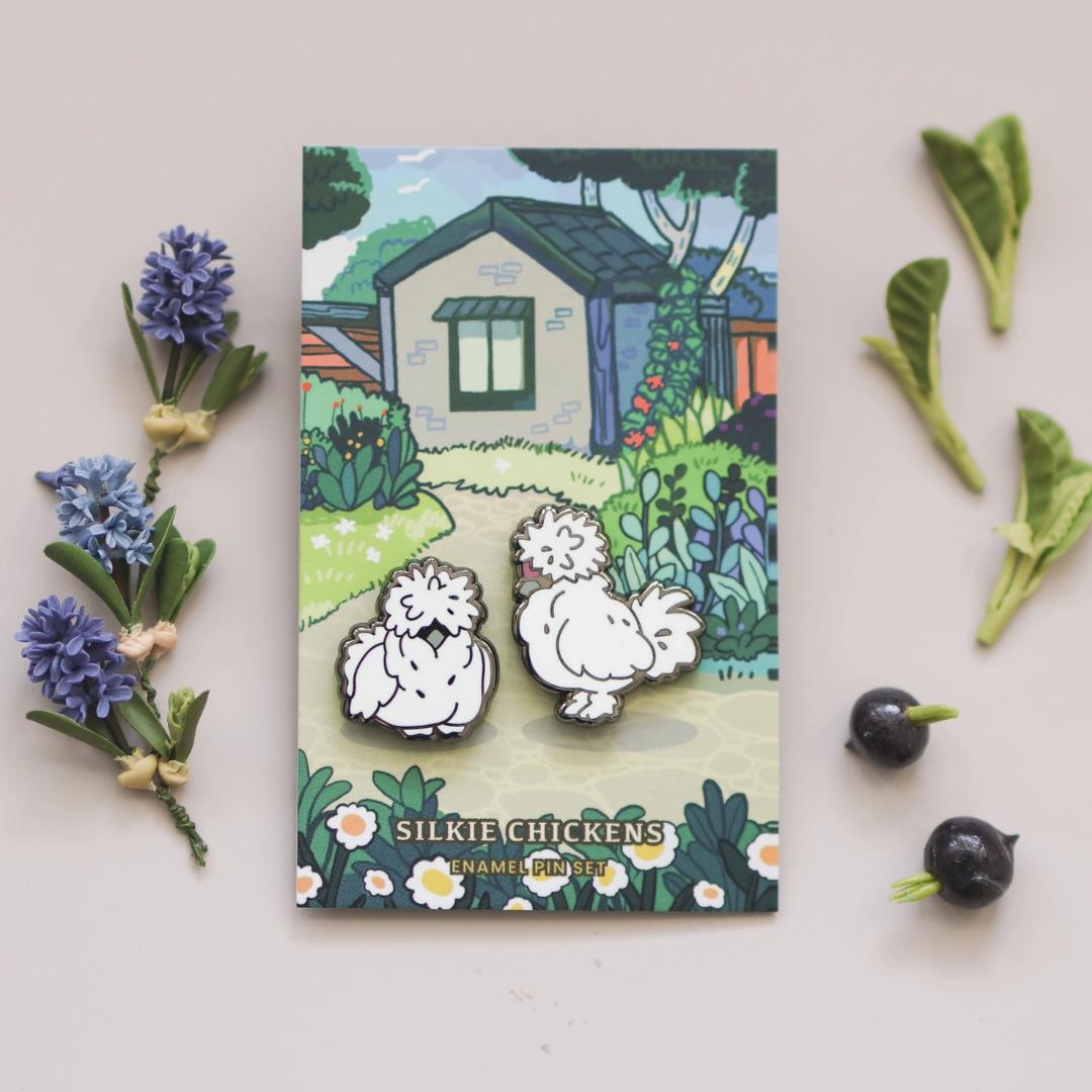 Silkie Chickens Enamel Pin Set - Set of 2 Farm Animals