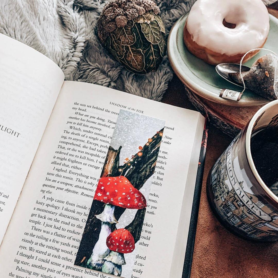 Mushrooms and Fairy Lights Watercolor Bookmark - Nature & Cottage Core - Cardstock