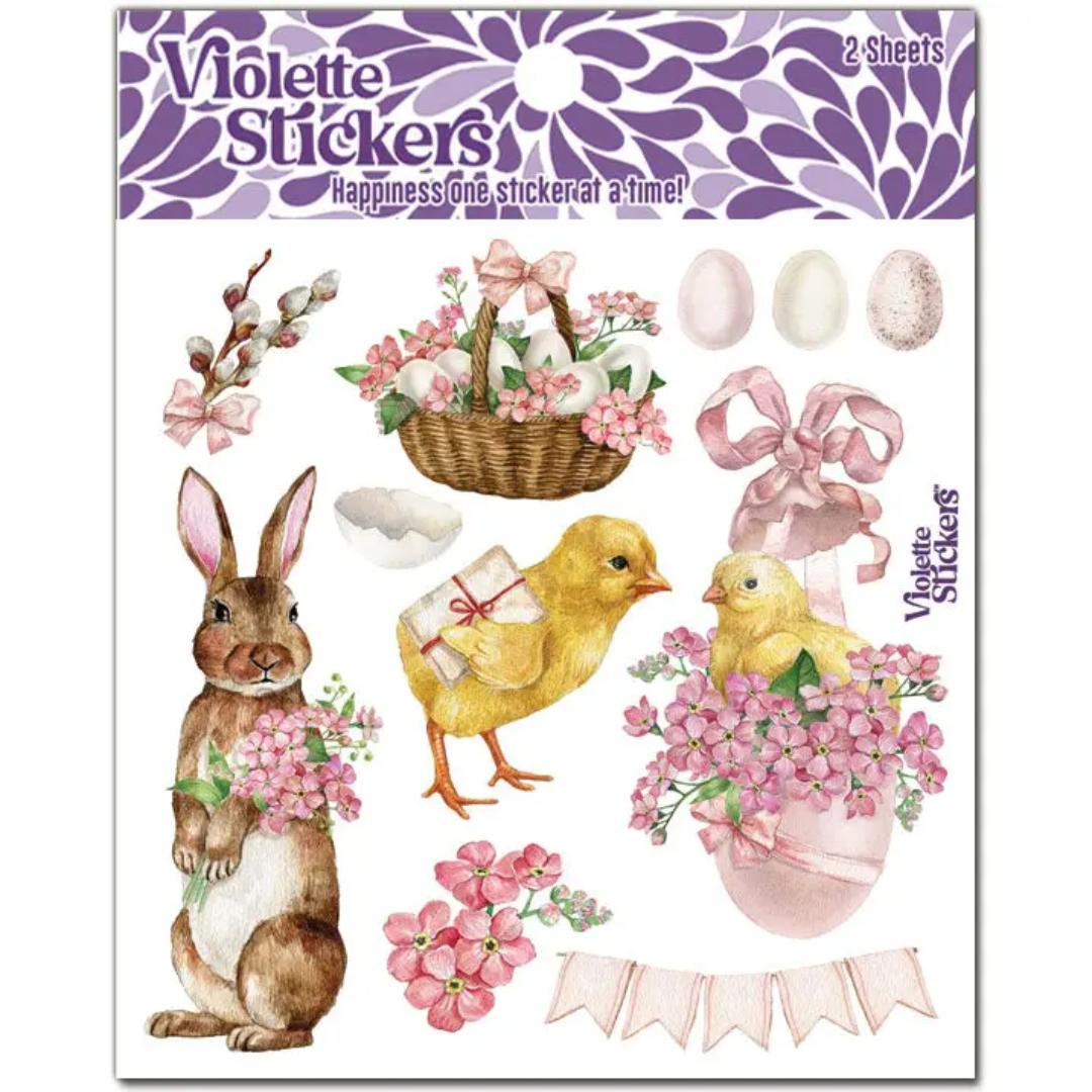 Pink Easter Stickers - Rabbits - Chicks - 2 Sticker Sheets - Stationary - Scrapbook