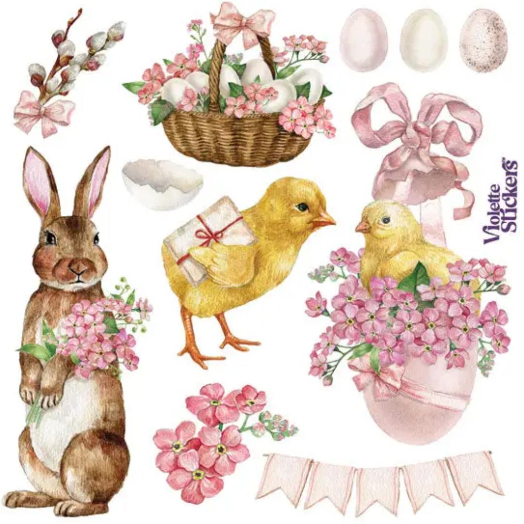 Pink Easter Stickers - Rabbits - Chicks - 2 Sticker Sheets - Stationary - Scrapbook