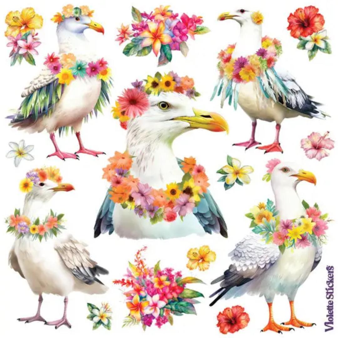 Seagulls with Leis Stickers - 2 Sticker Sheets - Stationary - Scrapbook