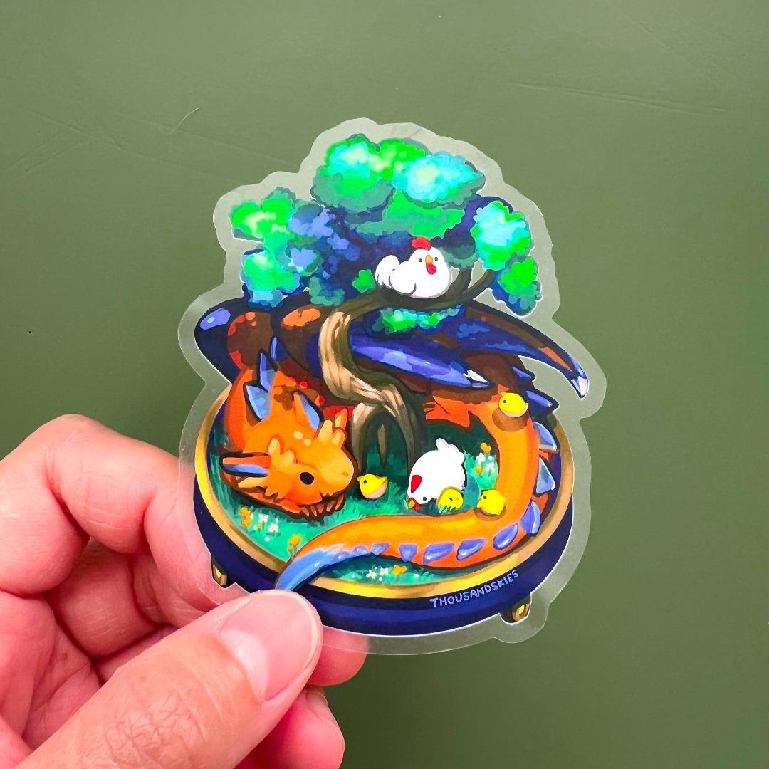 Dragon in a Bonsai Garden with Chickens Sticker - Transparent Waterproof Vinyl