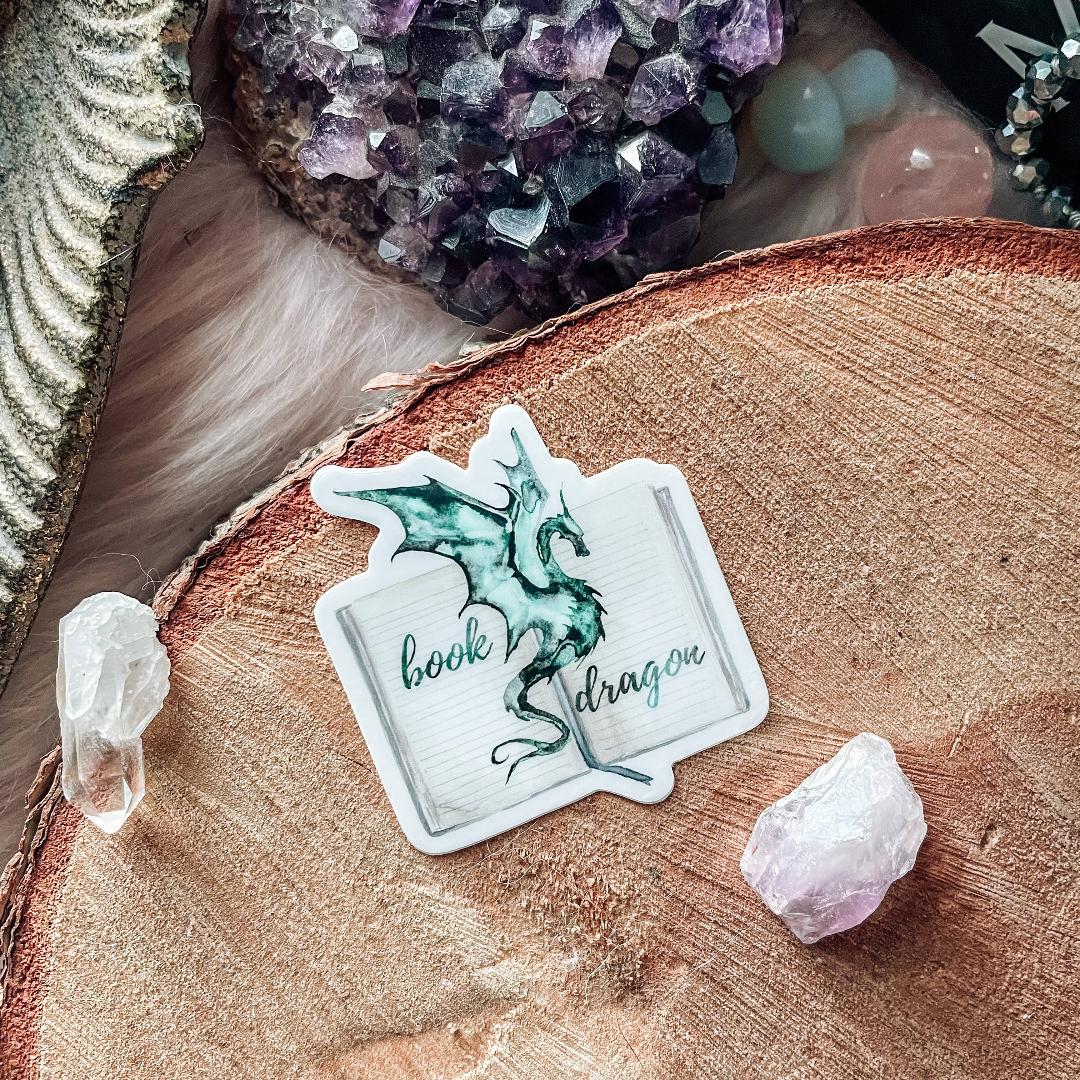Green Book Dragon Watercolor Sticker - Fantasy & Mythical Vinyl Decal