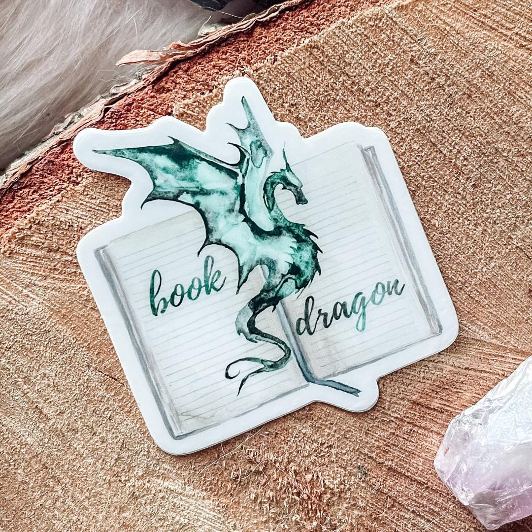 Green Book Dragon Watercolor Sticker - Fantasy & Mythical Vinyl Decal