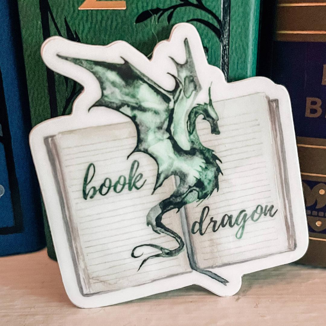 Green Book Dragon Watercolor Sticker - Fantasy & Mythical Vinyl Decal