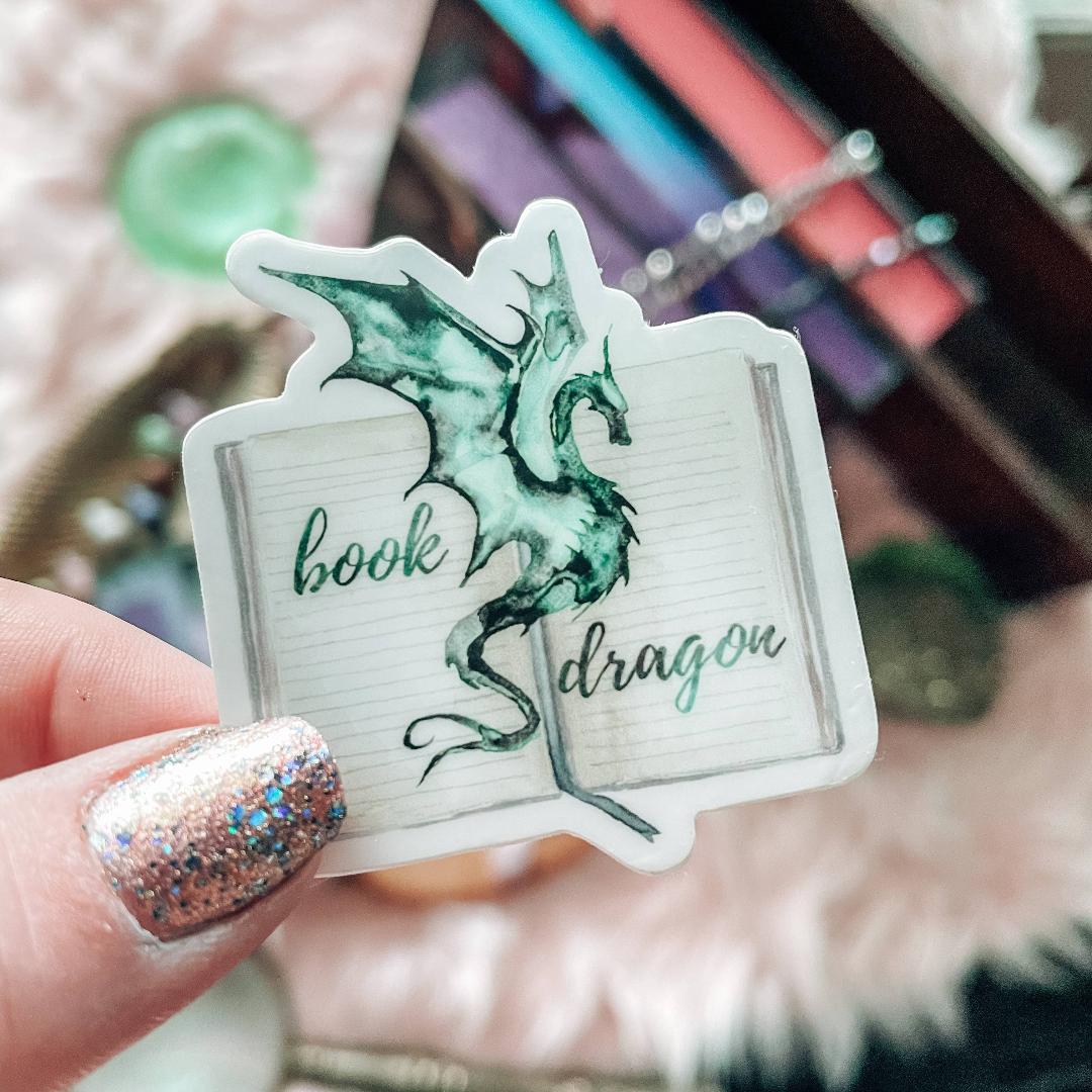 Green Book Dragon Watercolor Sticker - Fantasy & Mythical Vinyl Decal