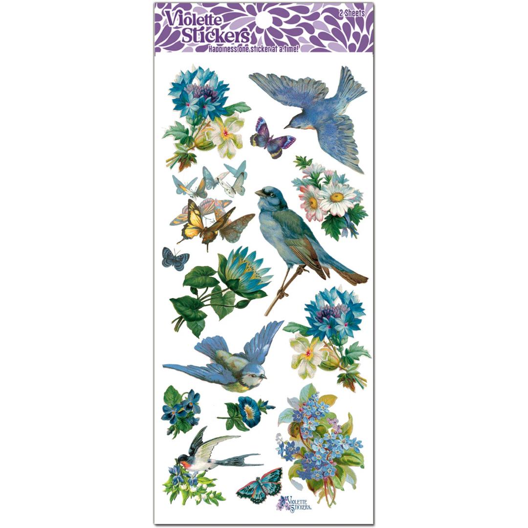 Bluebirds & Blue Flowers Stickers - 2 Sticker Sheets for Scrapbooking, Stationary, & More