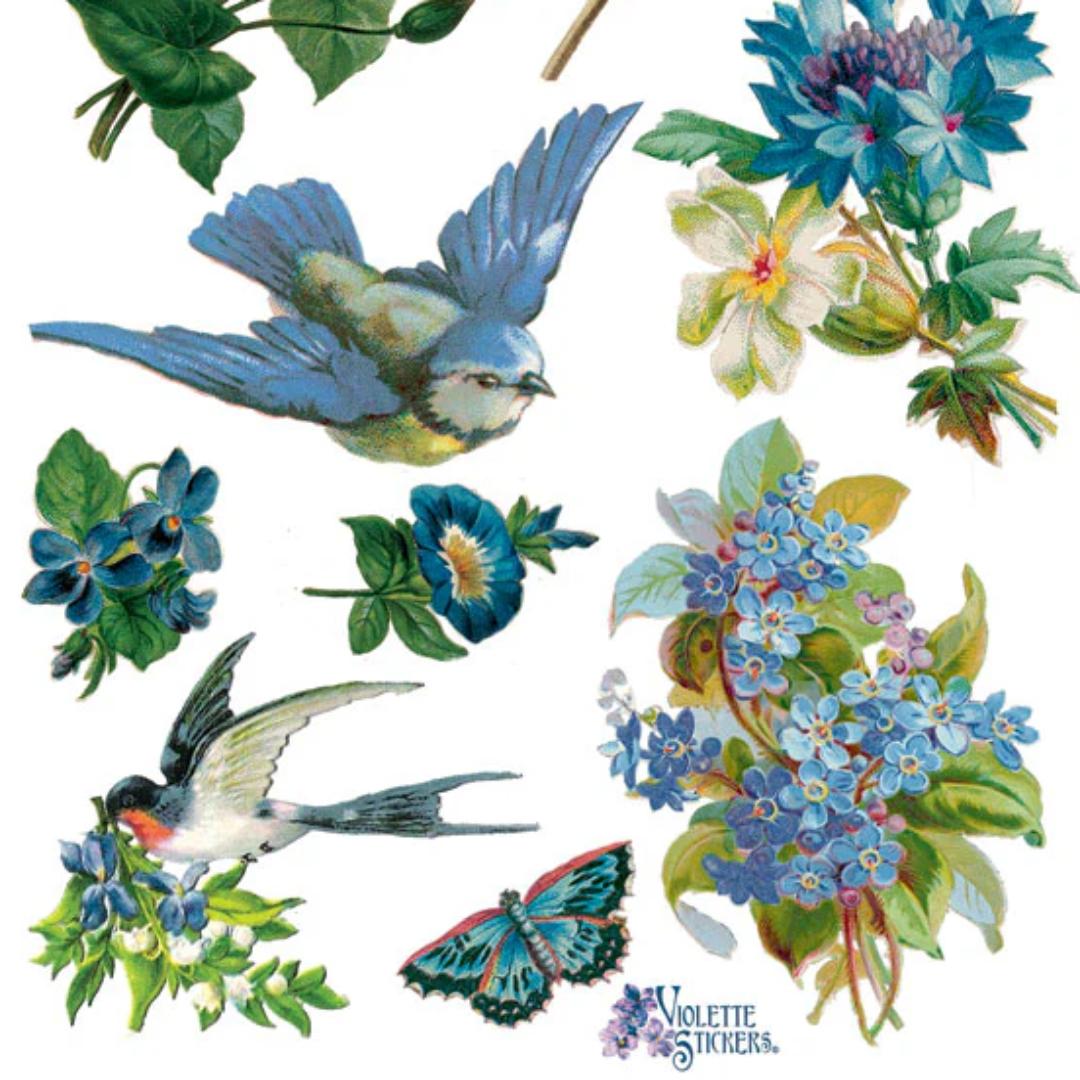Bluebirds & Blue Flowers Stickers - 2 Sticker Sheets for Scrapbooking, Stationary, & More