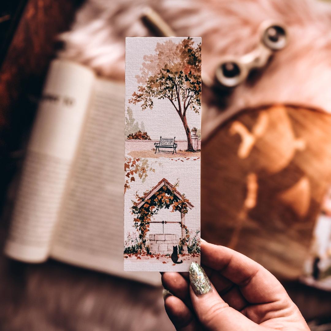 Wishing Well Fall Cardstock Bookmark with Black Cat - Spooky Autumn