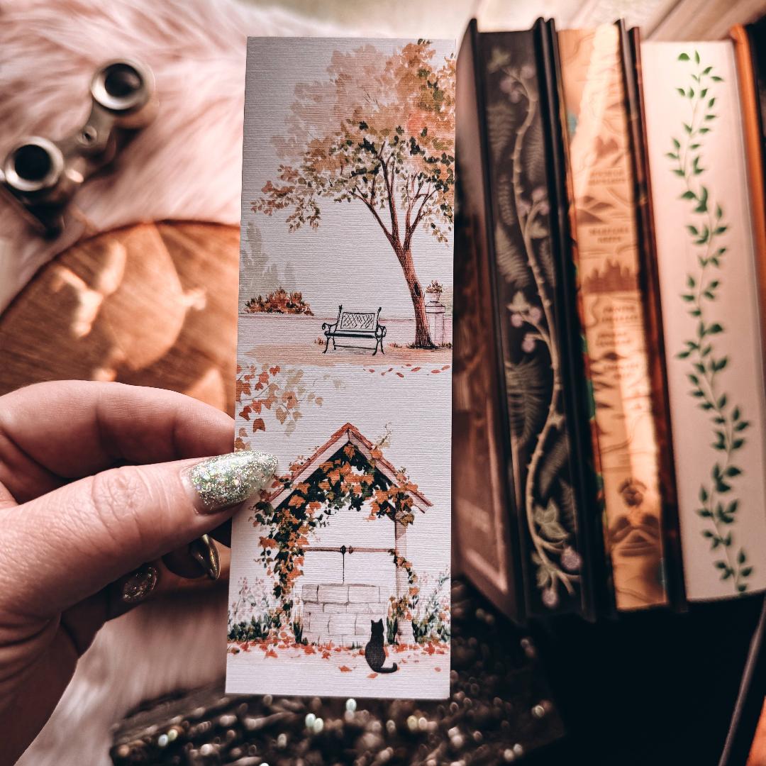 Wishing Well Fall Cardstock Bookmark with Black Cat - Spooky Autumn