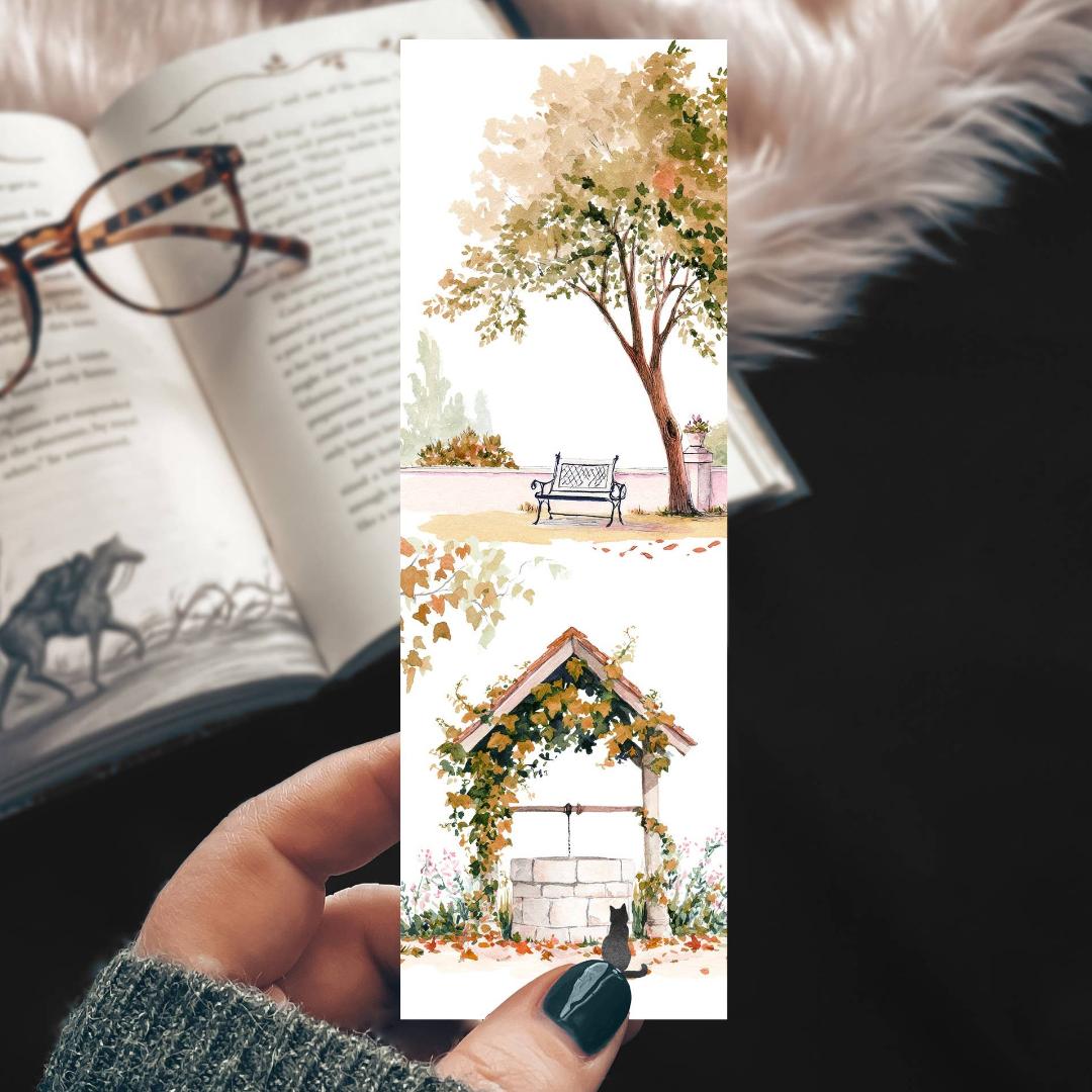 Wishing Well Fall Cardstock Bookmark with Black Cat - Spooky Autumn