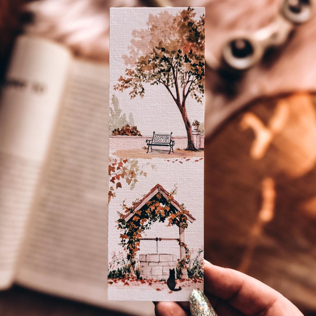Wishing Well Fall Cardstock Bookmark with Black Cat - Spooky Autumn