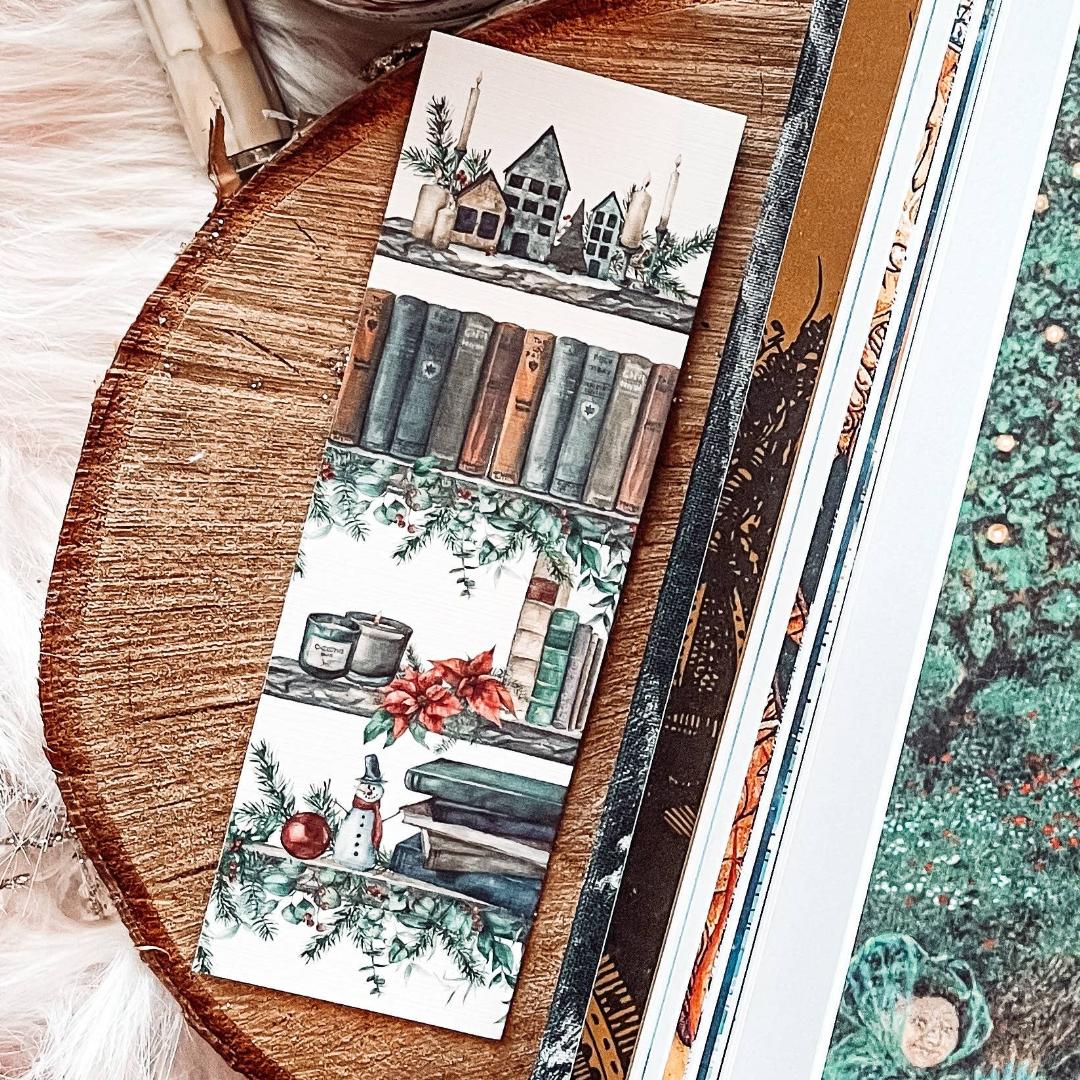 Christmas Bookshelf Watercolor Cardstock Bookmark - Festive Holidays & Winter