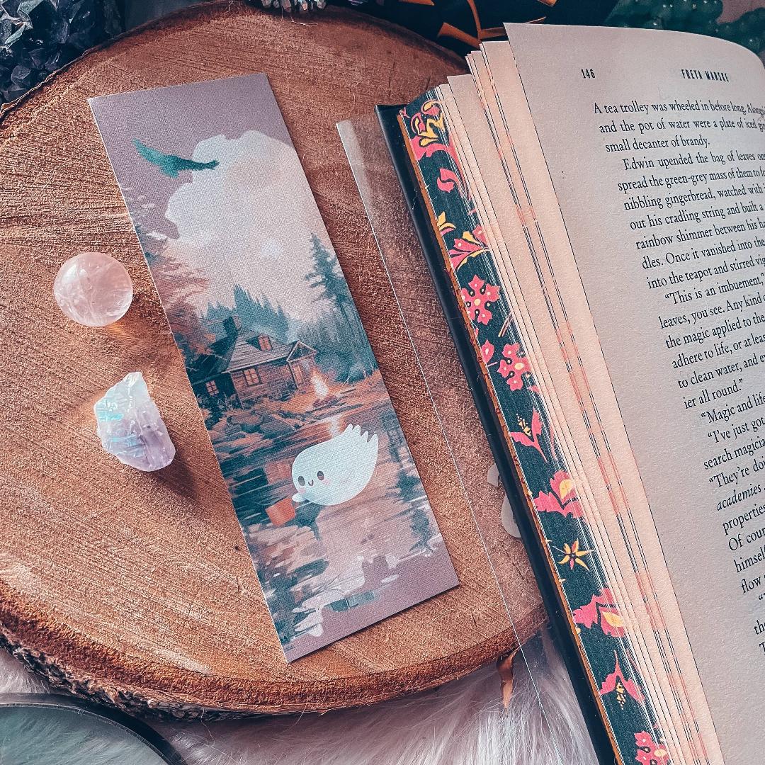 Cute Camping Ghost Watercolor Cardstock Bookmark - Halloween & Fall