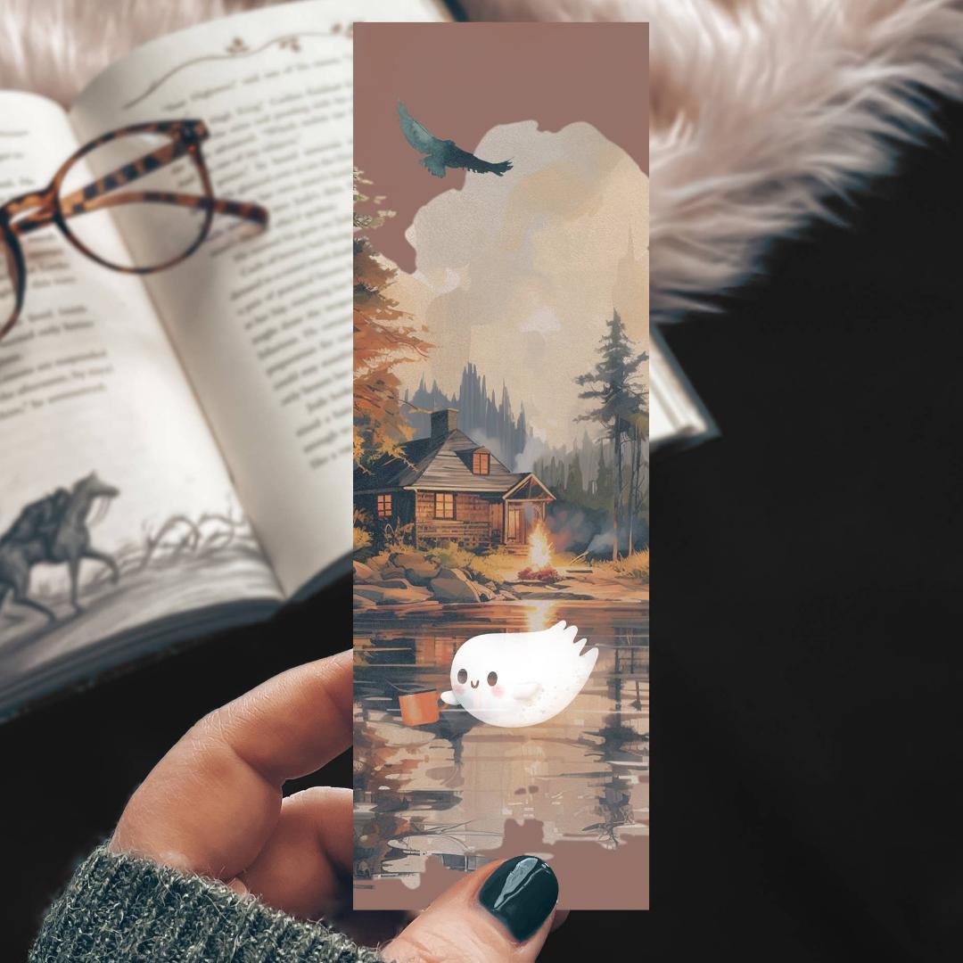 Cute Camping Ghost Watercolor Cardstock Bookmark - Halloween & Fall