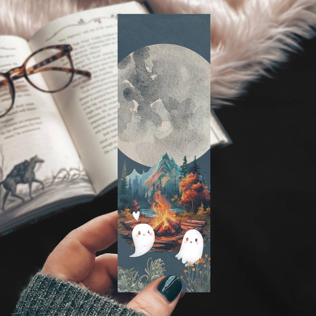 Cute Camping Ghost Couple Watercolor Cardstock Bookmark - Fall & Halloween