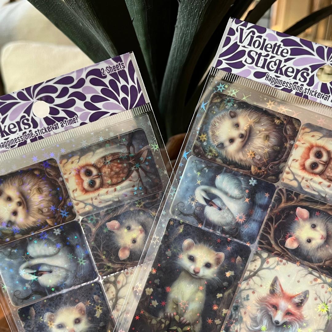 Crystal Night Forest Animal Stickers - 2 Sticker Sheets for Stationary, Scrapbooking, & More
