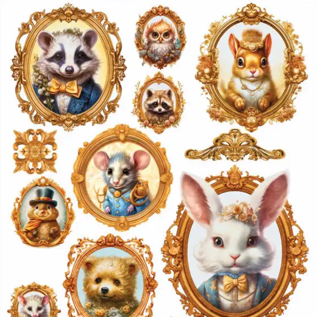 Gold Framed Woodland Critter Portrait Stickers - 2 Sticker Sheets for Stationary, Scrapbooking, & More