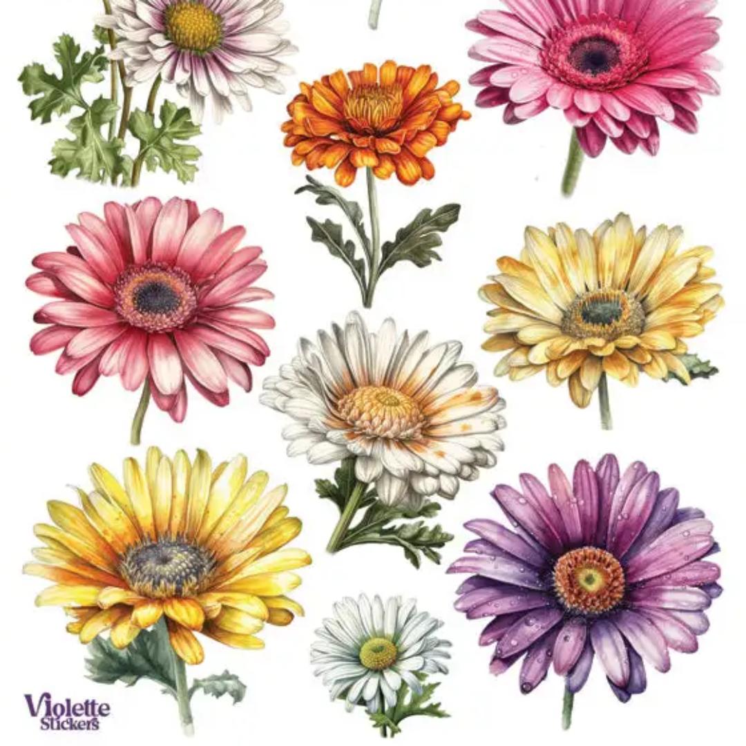 Colorful Daisy Stickers - 2 Sticker Sheets for Stationary, Scrapbooking, & More