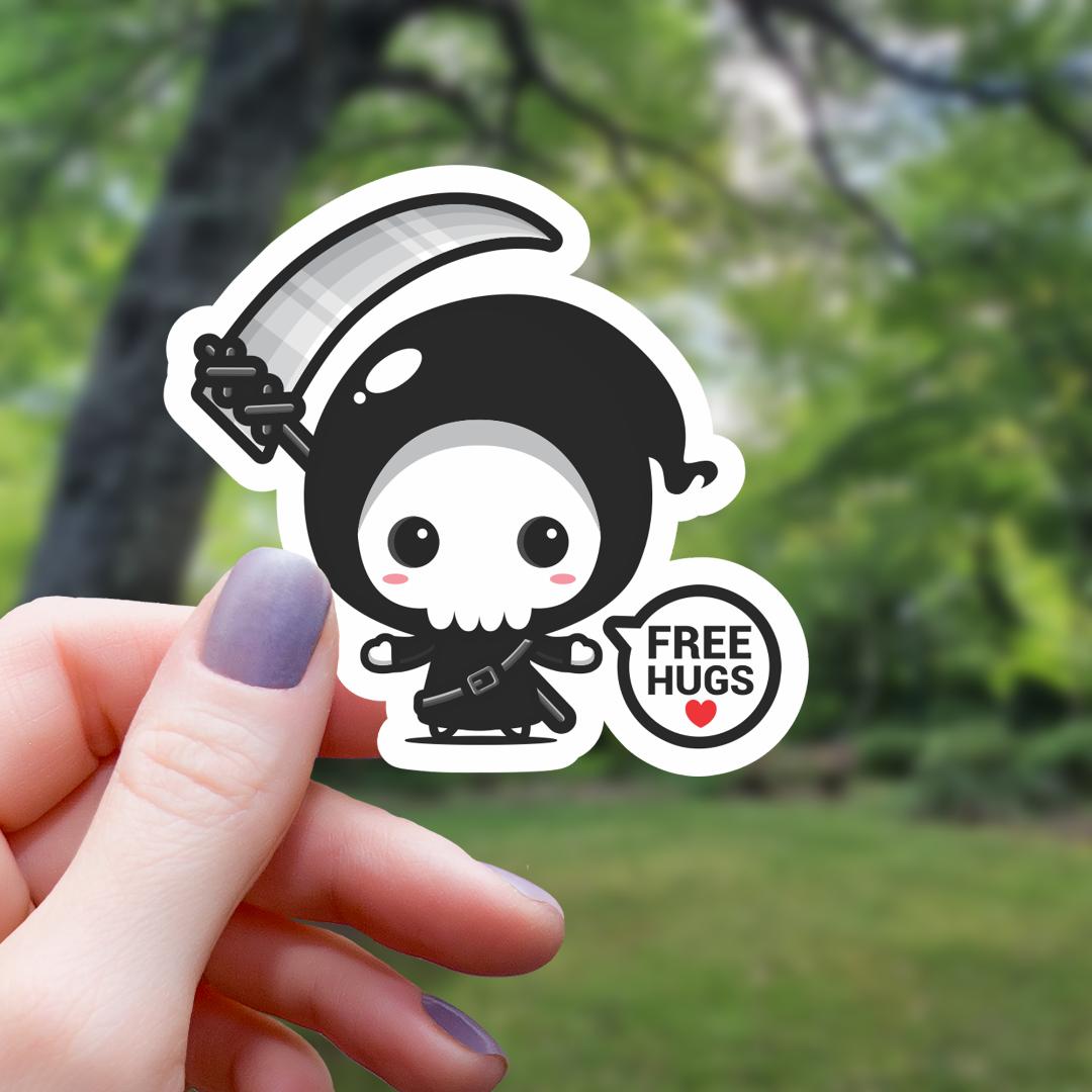 "Free Hugs" Kawaii Grim Reaper Sticker - 3" Waterproof Vinyl Decal