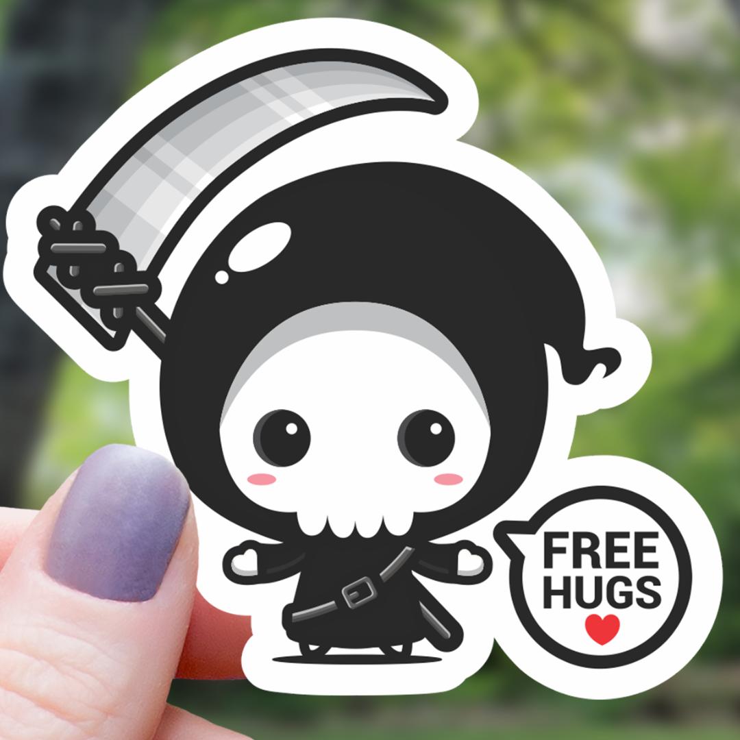 "Free Hugs" Kawaii Grim Reaper Sticker - 3" Waterproof Vinyl Decal