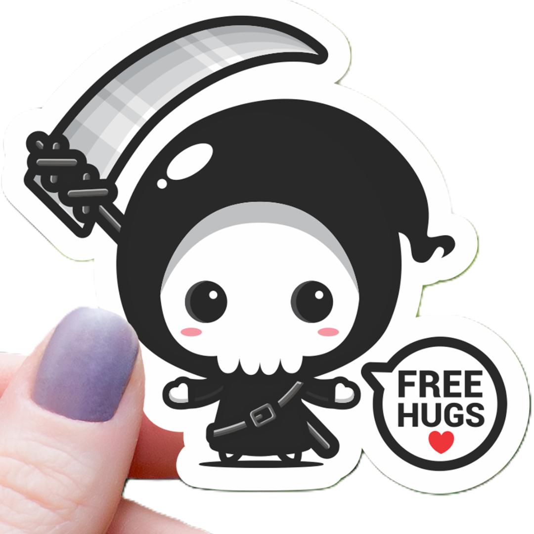 "Free Hugs" Kawaii Grim Reaper Sticker - 3" Waterproof Vinyl Decal