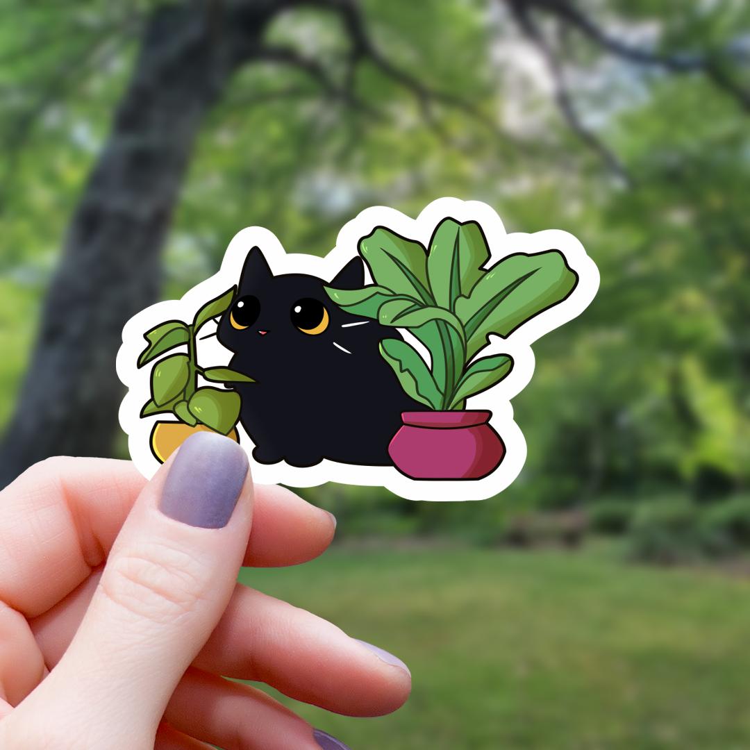 Black Cat Amongst Houseplants Sticker - 3" Waterproof Vinyl Decal
