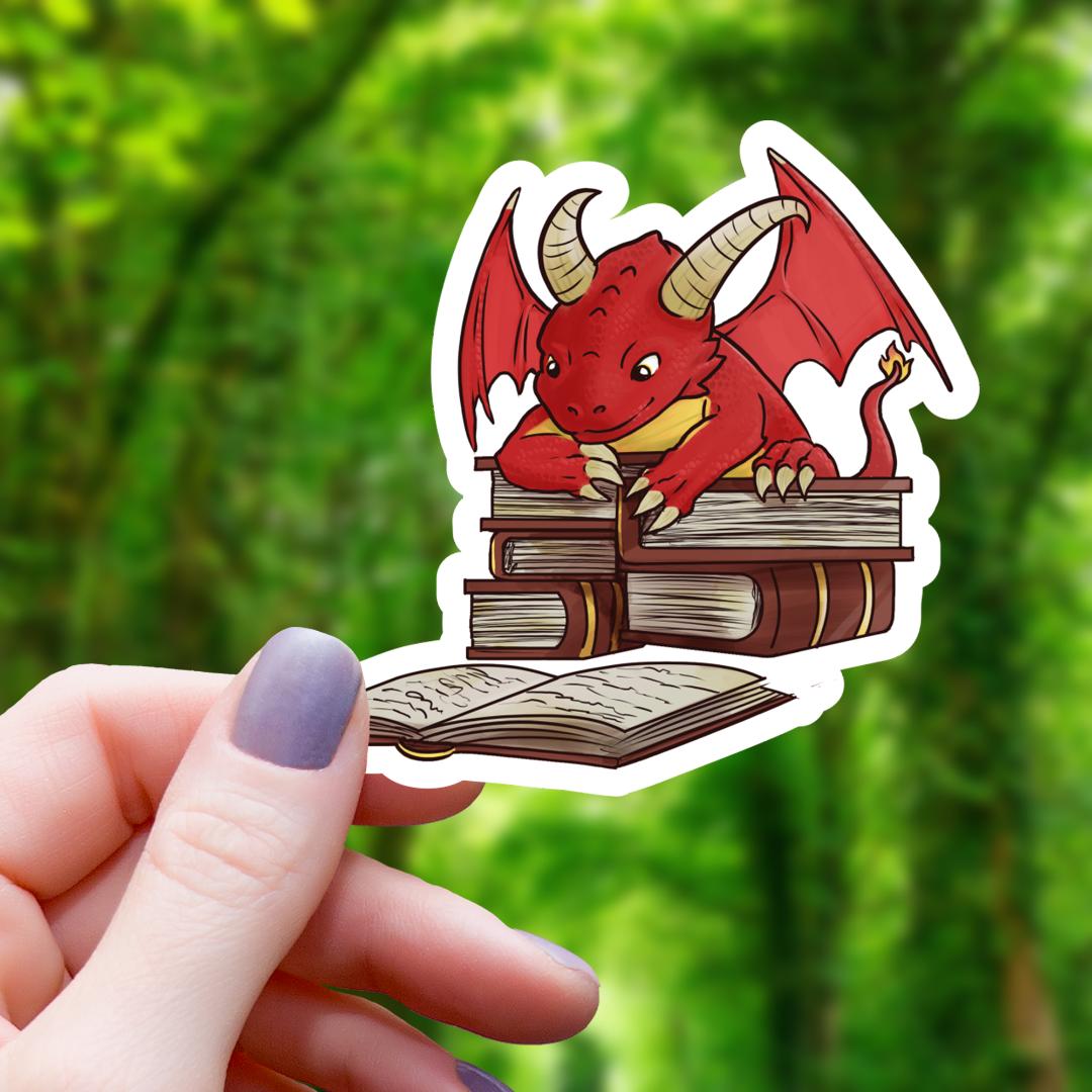 Book Reading Red Dragon Fantasy Sticker - 3" Waterproof Vinyl Decal