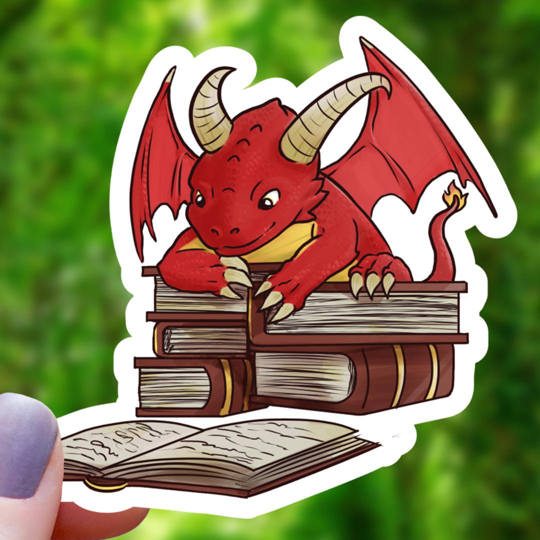 Book Reading Red Dragon Fantasy Sticker - 3" Waterproof Vinyl Decal