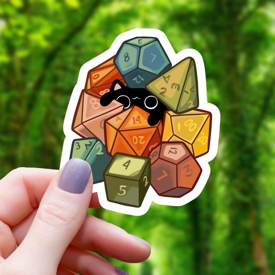 Cat Amongst Polyhedral Dice RPG Sticker - 3" Waterproof Vinyl Decal