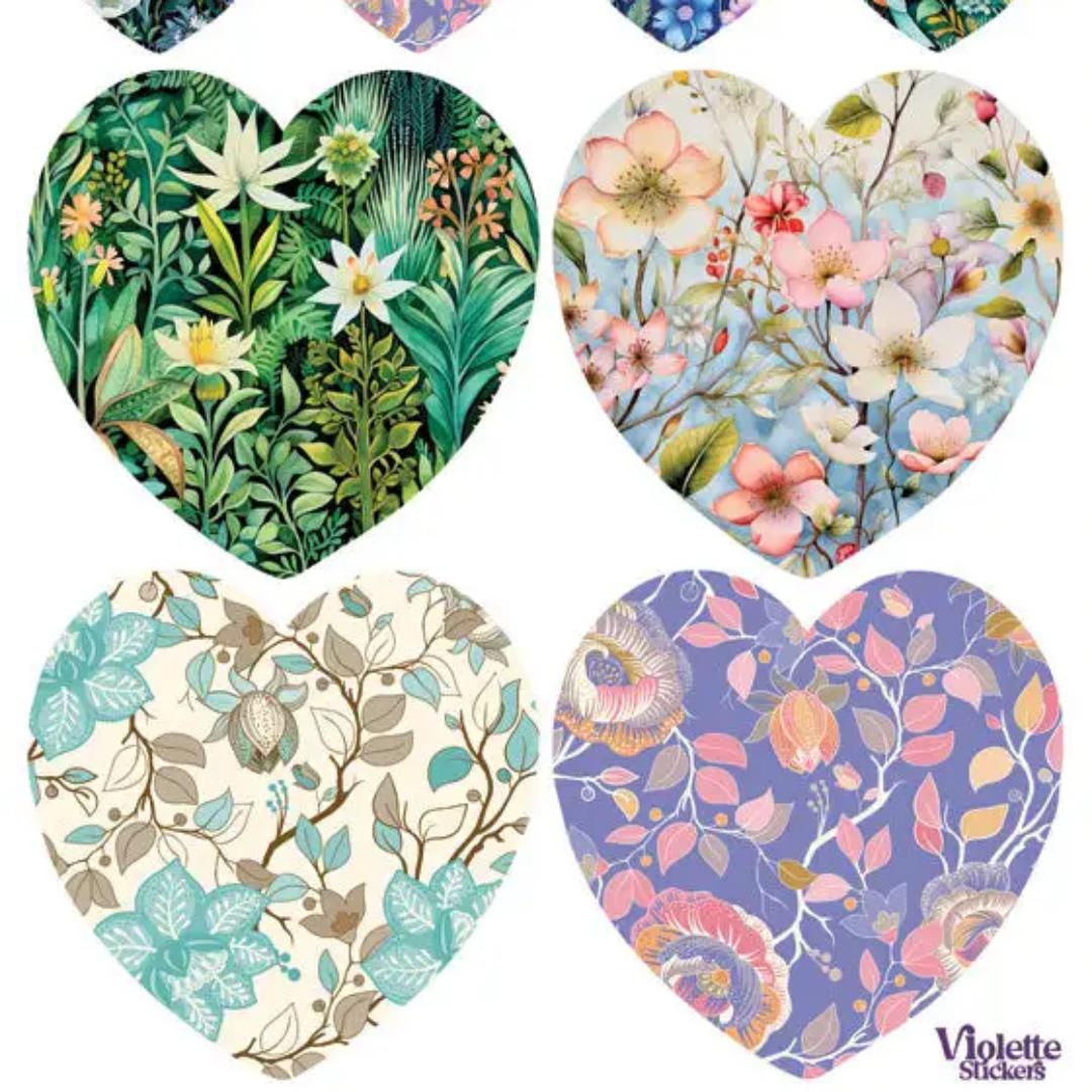 Floral Meadow Heart Stickers - 2 Sticker Sheets for Stationary, Scrapbooking, & More