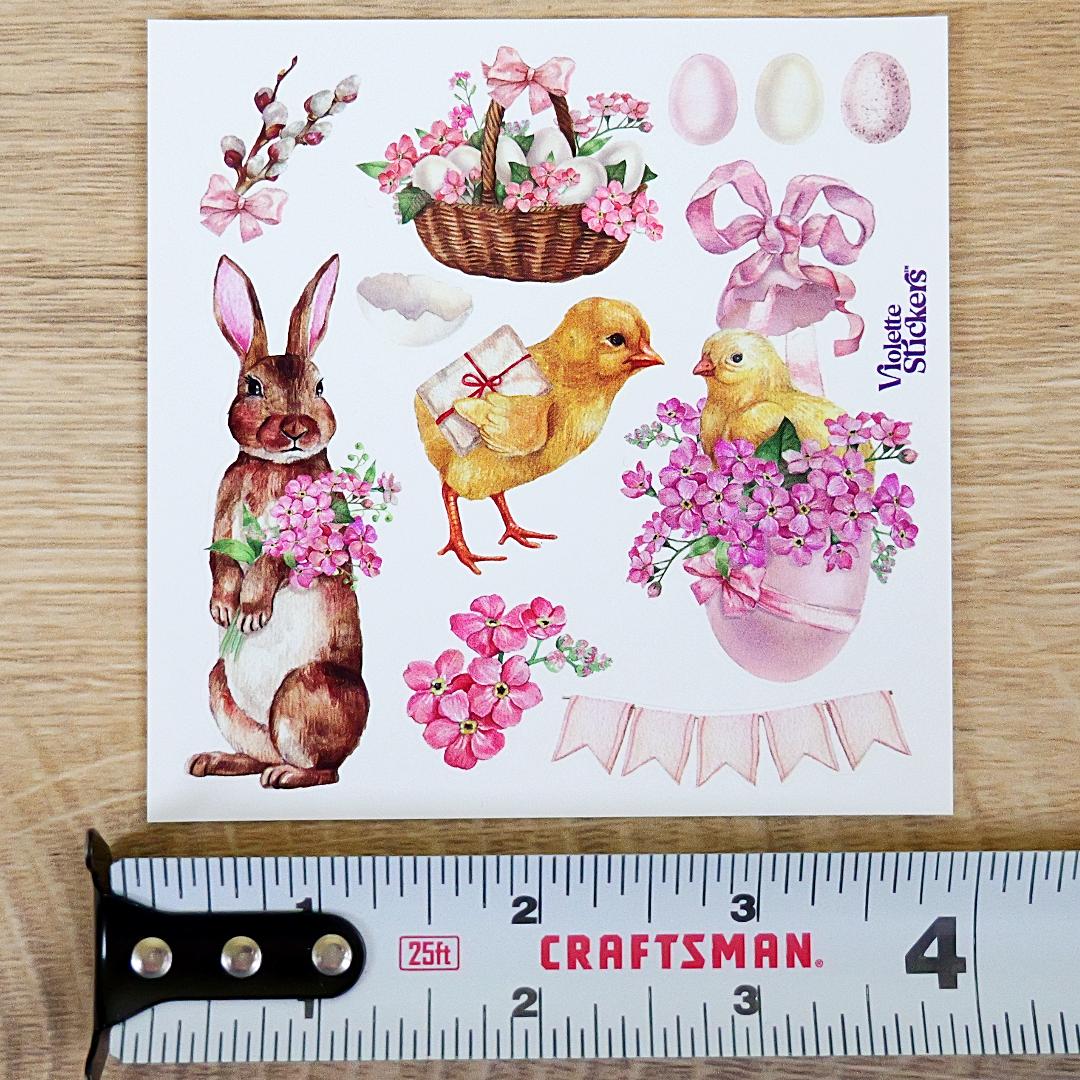 Pink Easter Stickers - Rabbits - Chicks - 2 Sticker Sheets - Stationary - Scrapbook