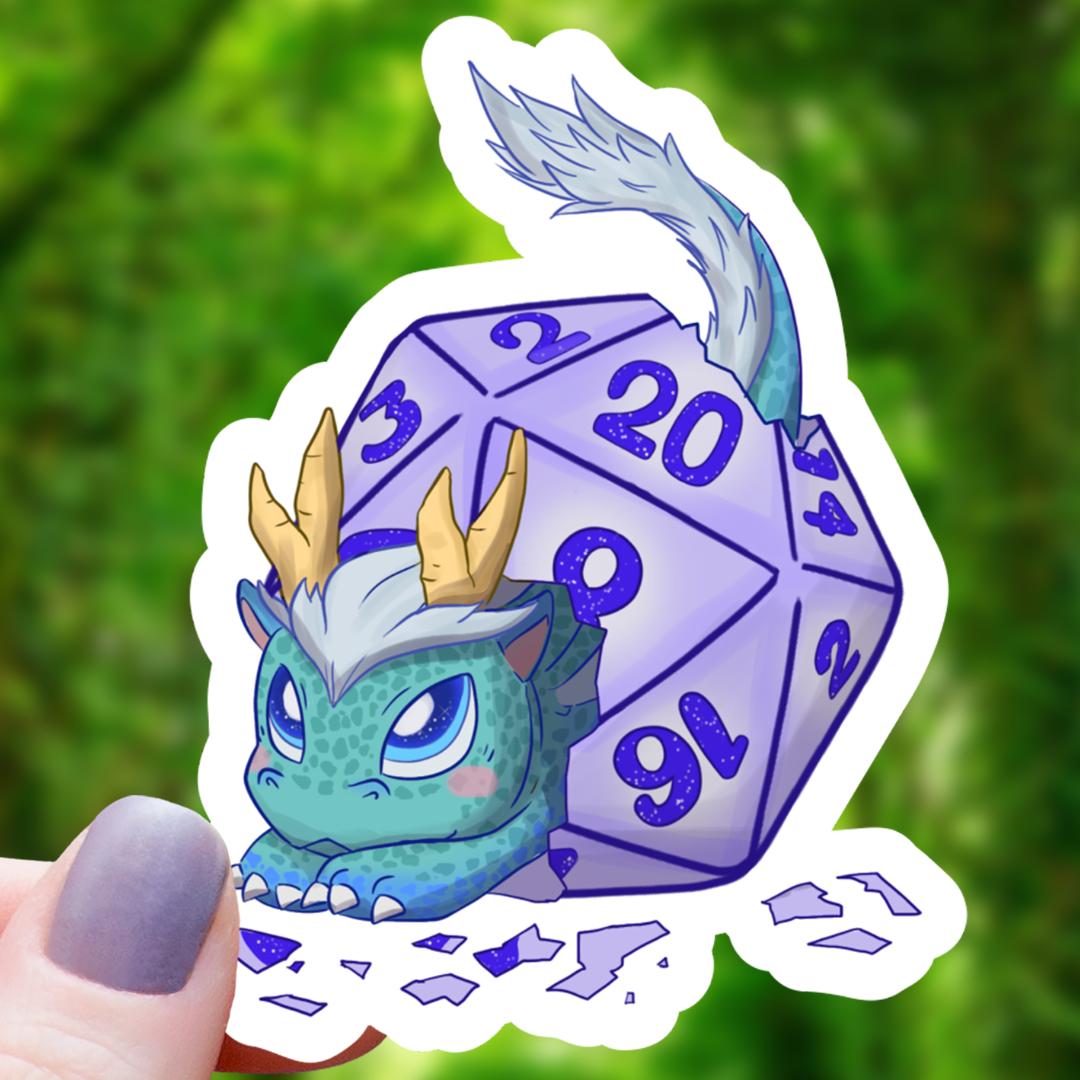 Baby Blue Dragon with D20 Dice Sticker - 3" Waterproof Vinyl Decal