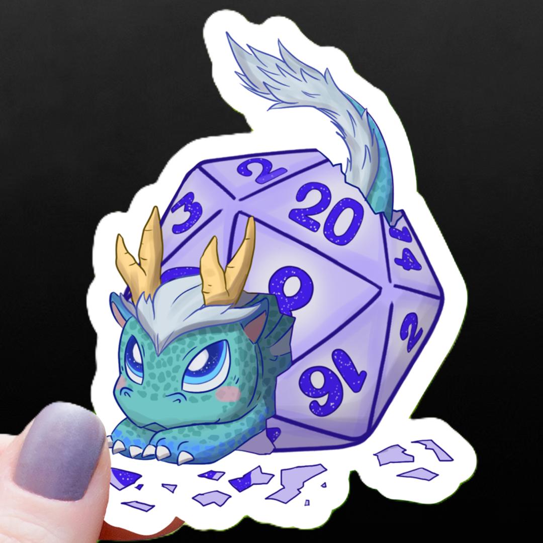 Baby Blue Dragon with D20 Dice Sticker - 3" Waterproof Vinyl Decal