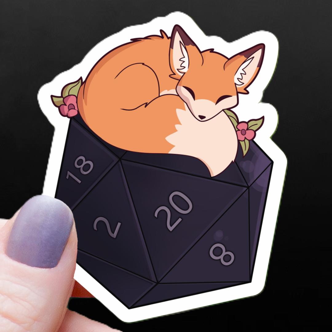 Floral Fox Sleeping on a D20 Dice Sticker - 3" Waterproof Vinyl Decal