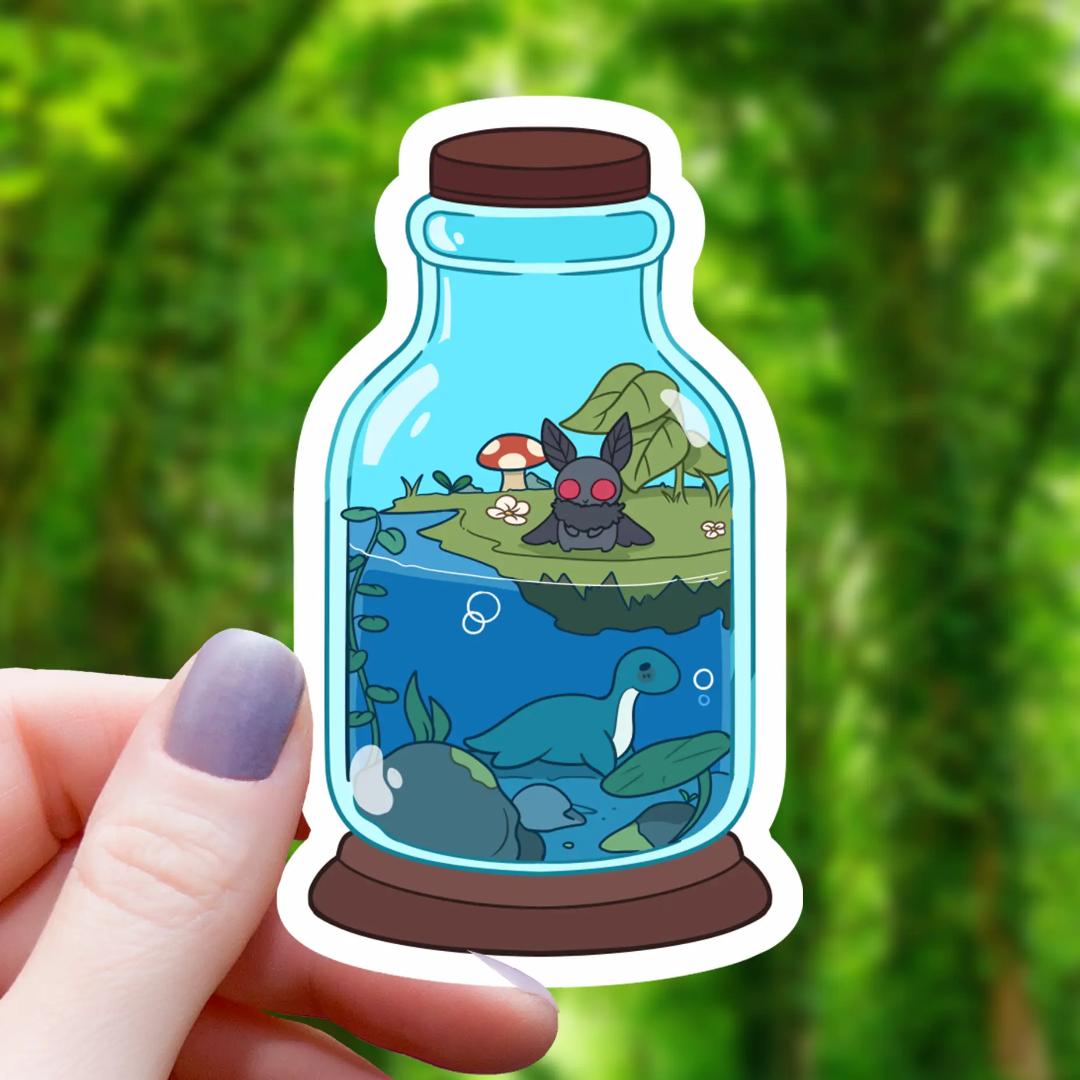 Cryptid Terrarium Sticker - 3" Waterproof Vinyl Decal - Mothman & Lochness Monster