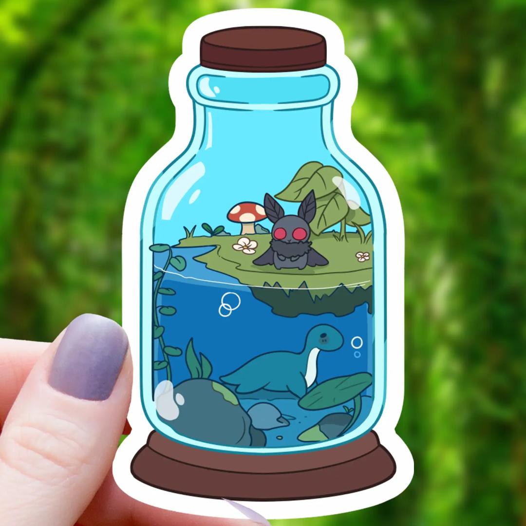 Cryptid Terrarium Sticker - 3" Waterproof Vinyl Decal - Mothman & Lochness Monster