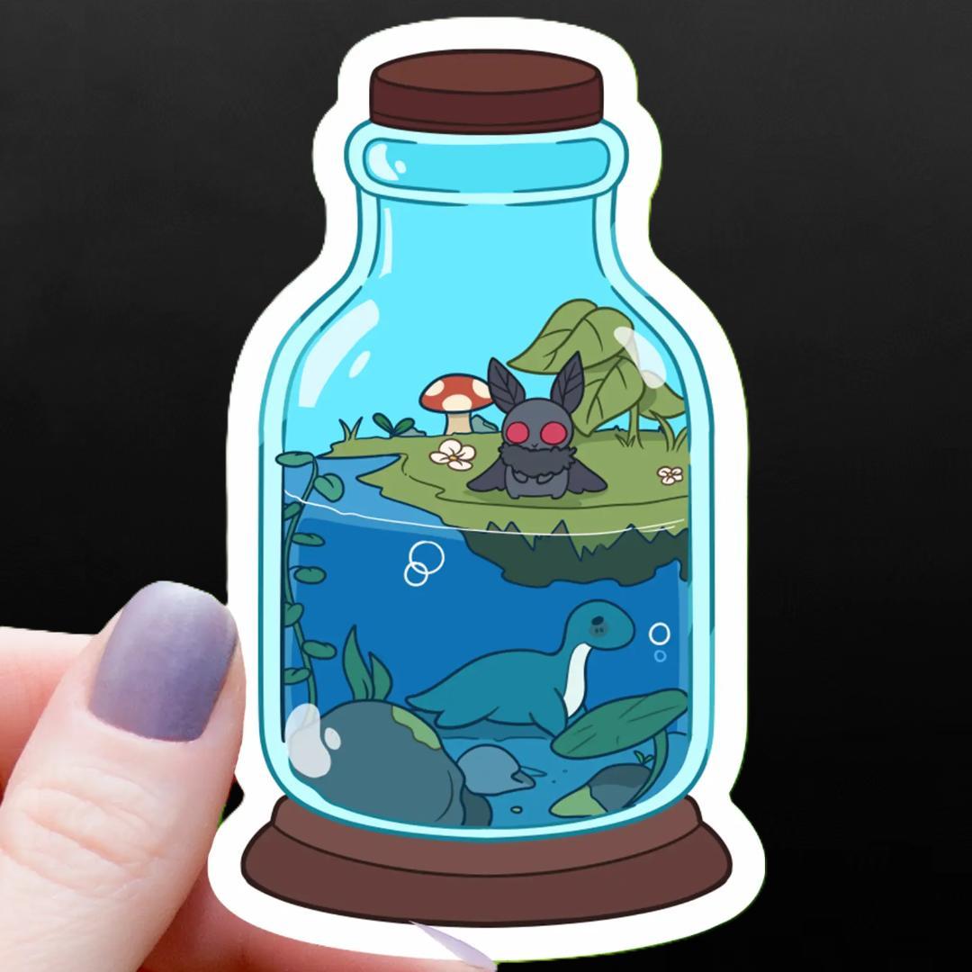 Cryptid Terrarium Sticker - 3" Waterproof Vinyl Decal - Mothman & Lochness Monster