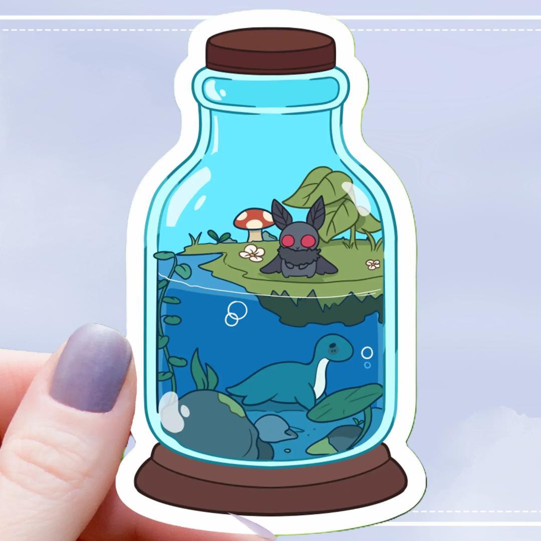 Cryptid Terrarium Sticker - 3" Waterproof Vinyl Decal - Mothman & Lochness Monster