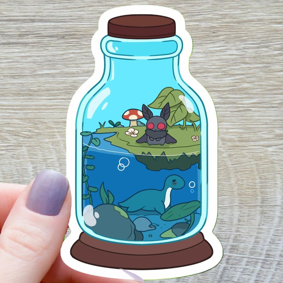 Cryptid Terrarium Sticker - 3" Waterproof Vinyl Decal - Mothman & Lochness Monster