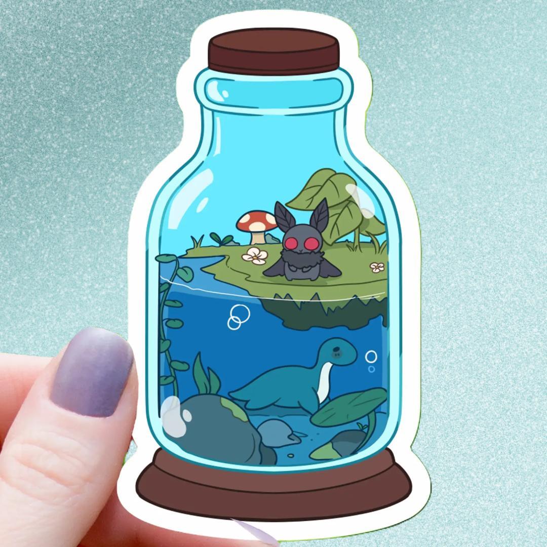 Cryptid Terrarium Sticker - 3" Waterproof Vinyl Decal - Mothman & Lochness Monster