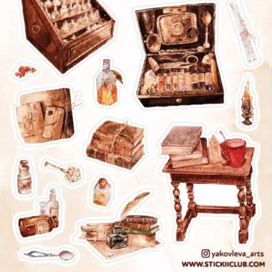 Shoppe of Wonders Sticker Sheet - Vintage Apothecary, Trinkets, and Flora Stickers
