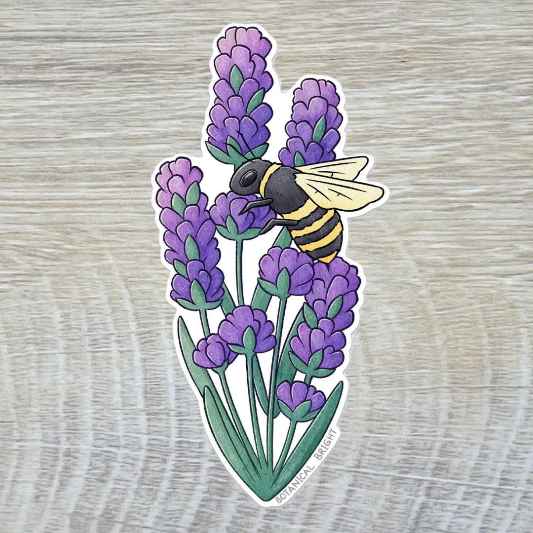 Bee and Lavender Flower Sticker - Waterproof Vinyl Nature, Floral, & Garden Decal
