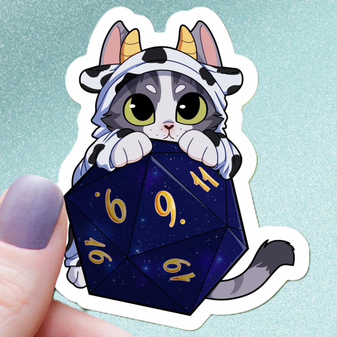 Cow Cat On Polyhedral D20 Dice Sticker - 3" Waterproof Vinyl Decal