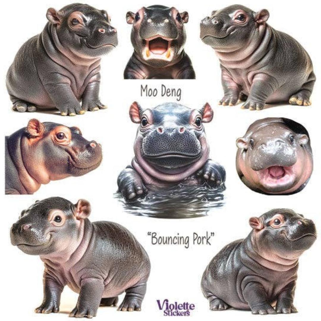 Moo Deng Hippo Stickers - Baby Hippopotamus Sticker Sheet