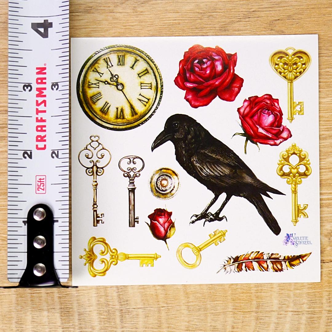 Raven and Gold Key Stickers - Gothic Office Sticker Sheets